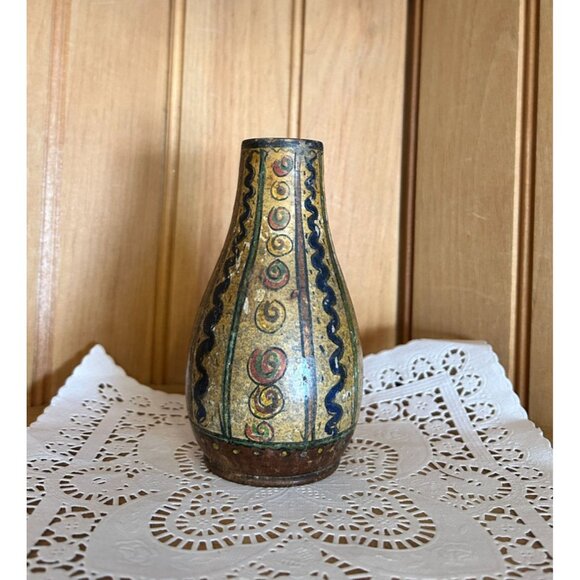 Hand Turned Wood Vase Hand Painted Rustic Abstract Boho Style Home Decor - Picture 5 of 6